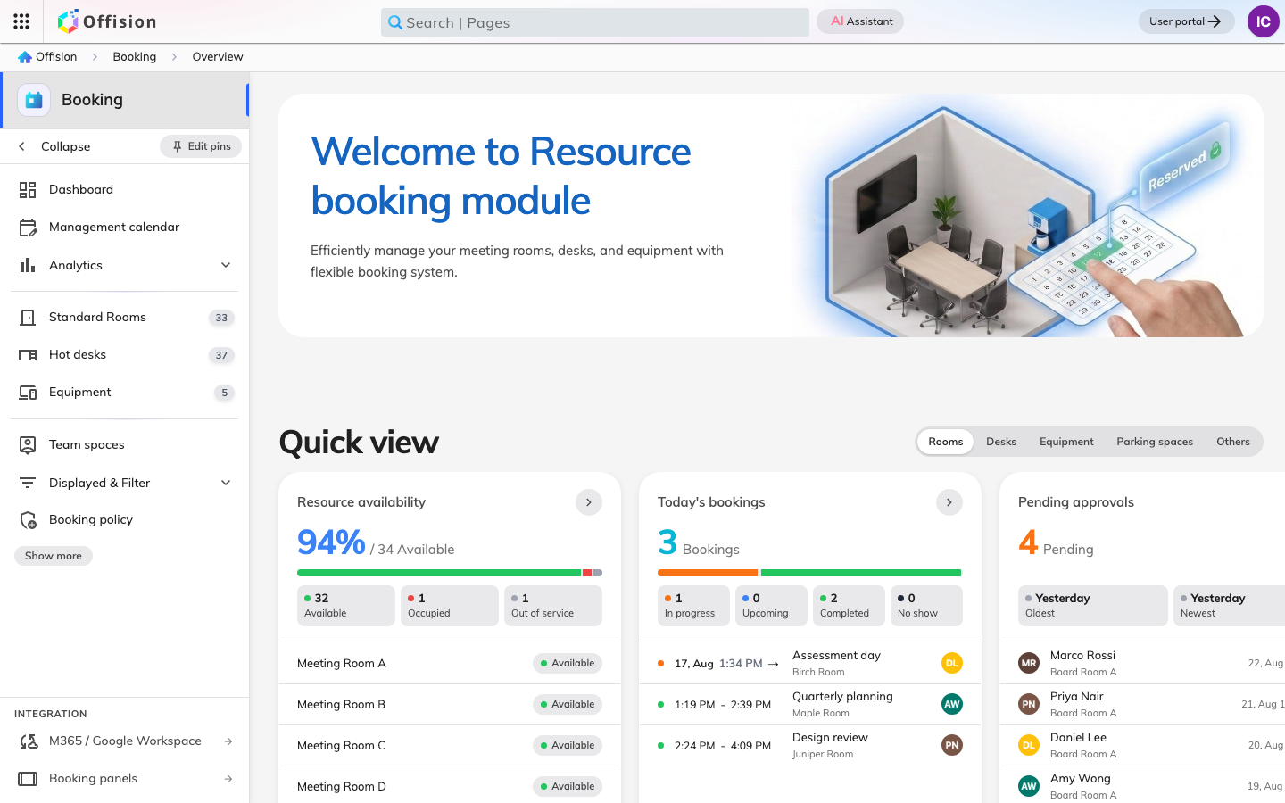The Booking section of the admin console, open on its overview page.