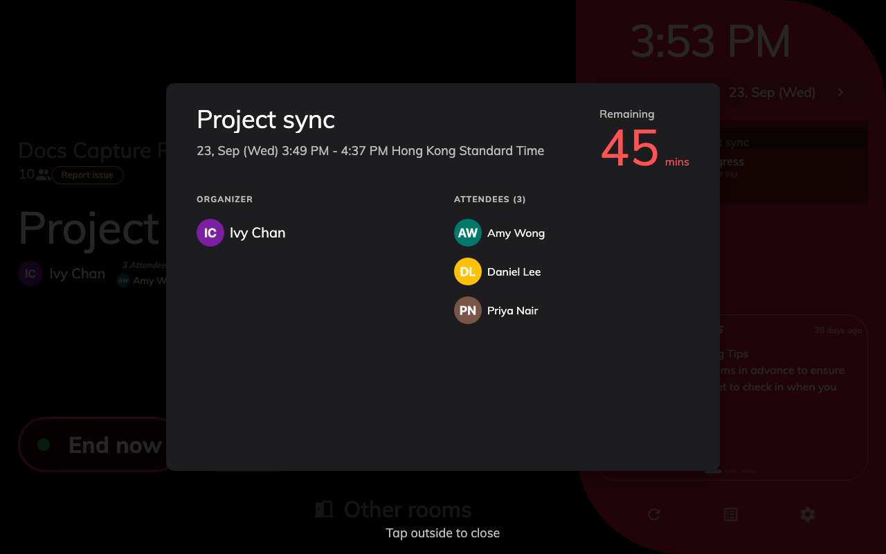 A tap on the meeting: organizer, attendees, and the minutes remaining.