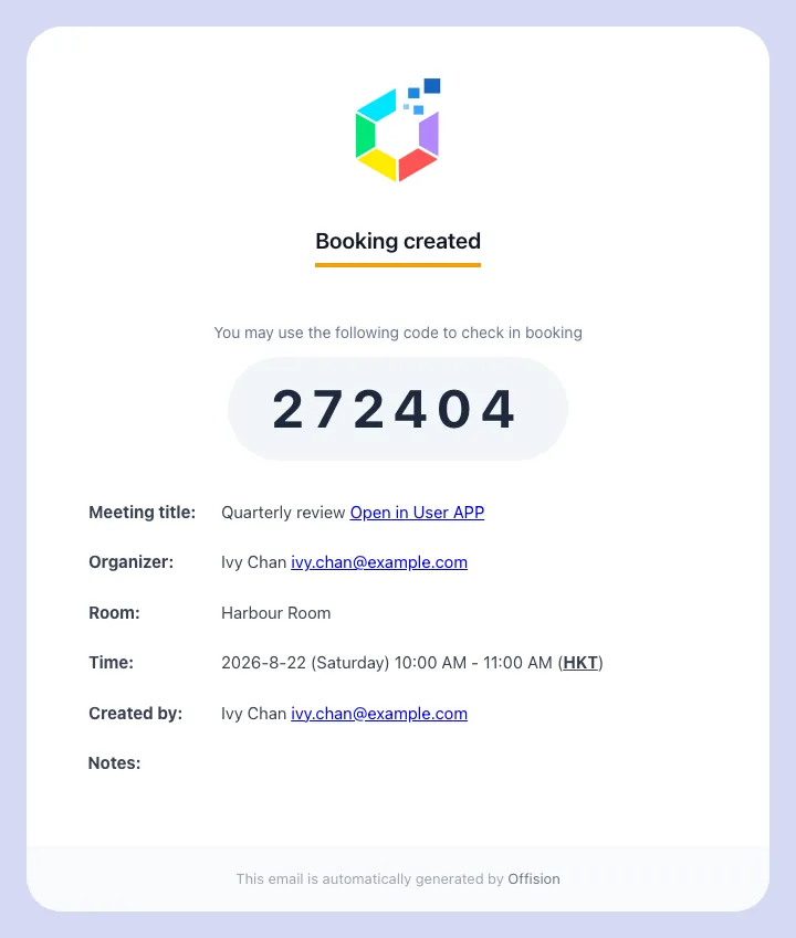 The organiser's confirmation. The invitation travels with it, visible as a file or not depending on the sender.