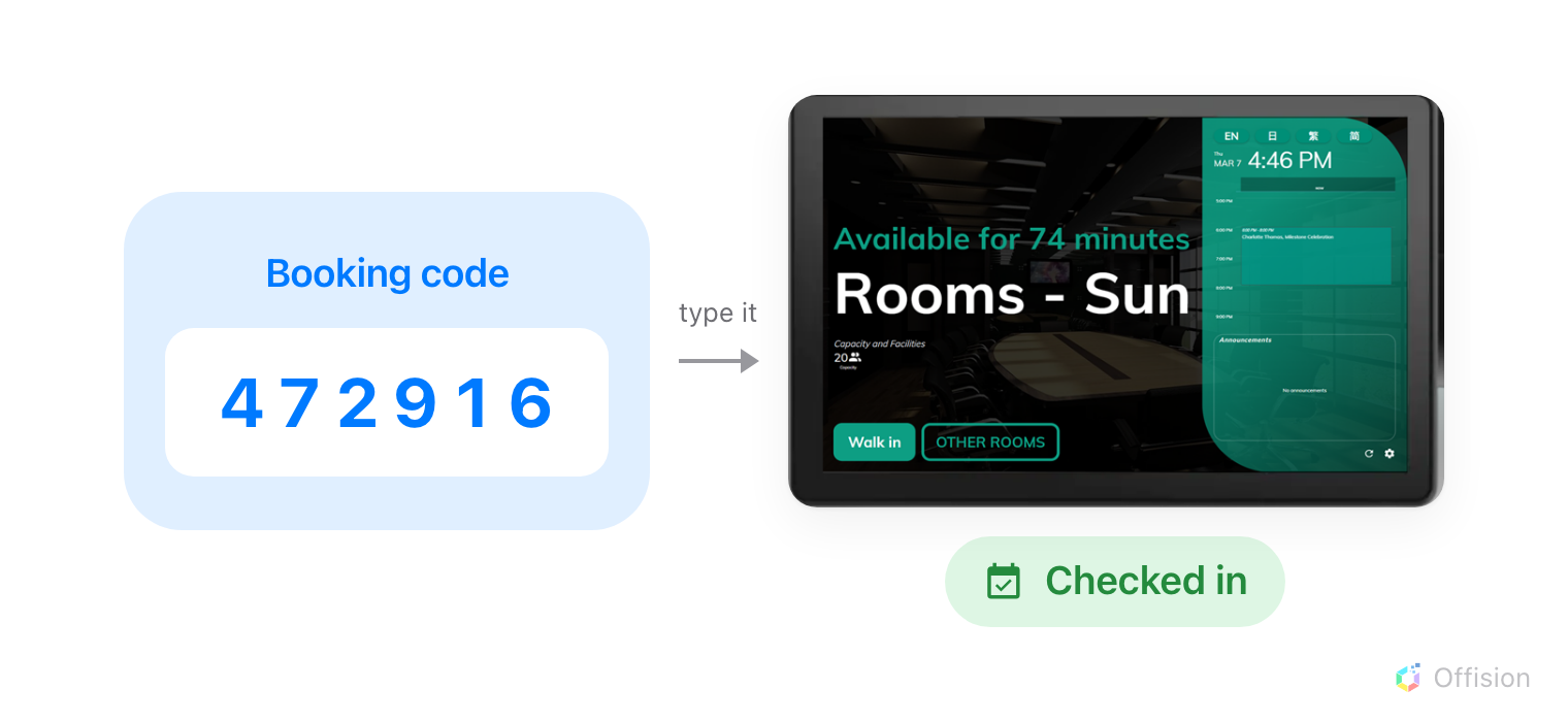 A booking code of six digits beside a photograph of a room panel mounted by a door, an arrow from the code to the panel labelled type it, and a green Checked in tag under the panel.