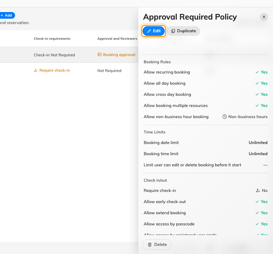 Selecting a policy opens its panel, with Edit at the top.