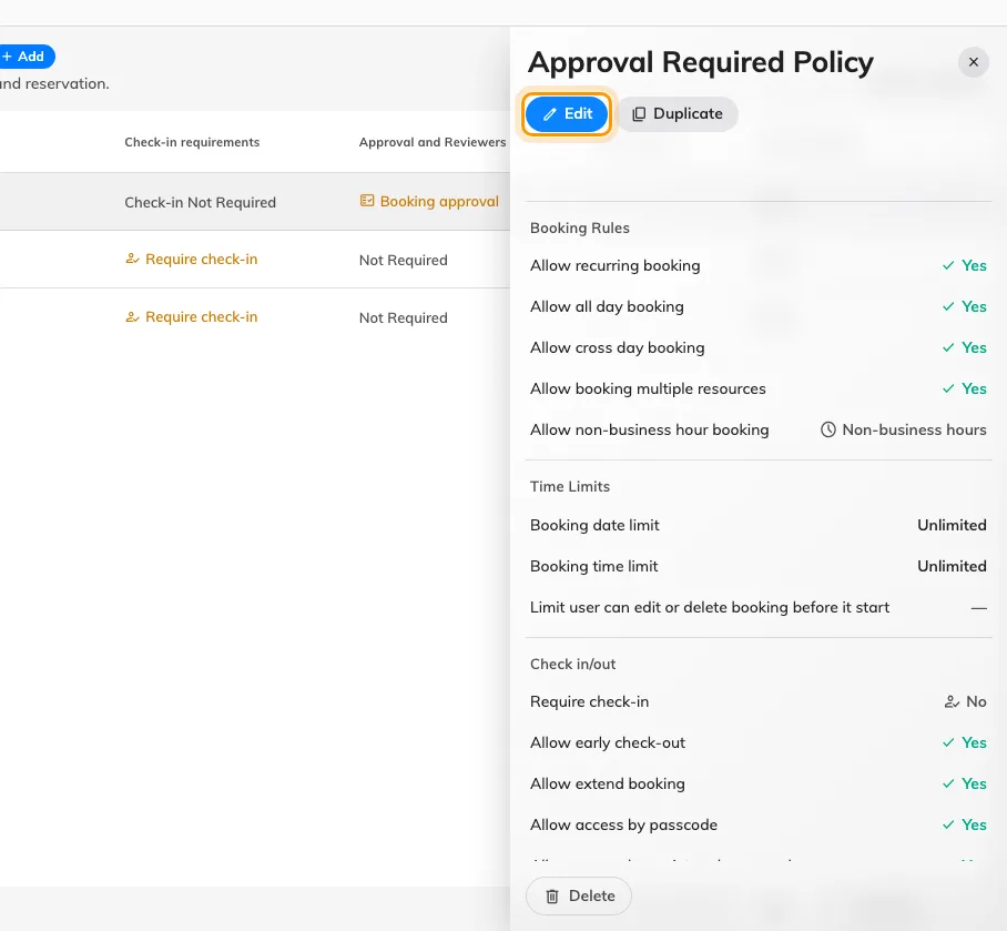 Selecting a policy opens its panel, with Edit at the top.