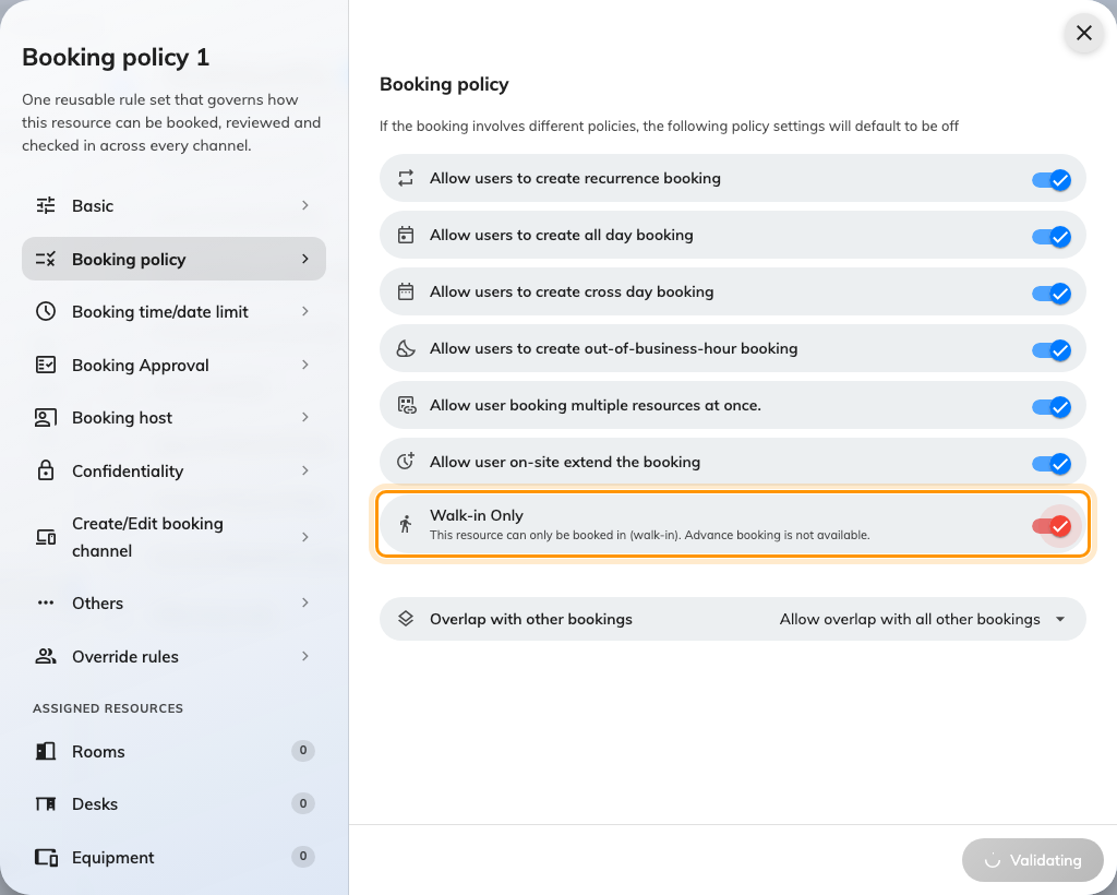 Walk-in Only, on the Booking policy page rather than the channel page.