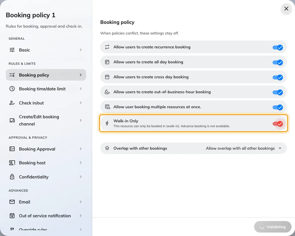 Walk-in Only, on the Booking policy page rather than the channel page.