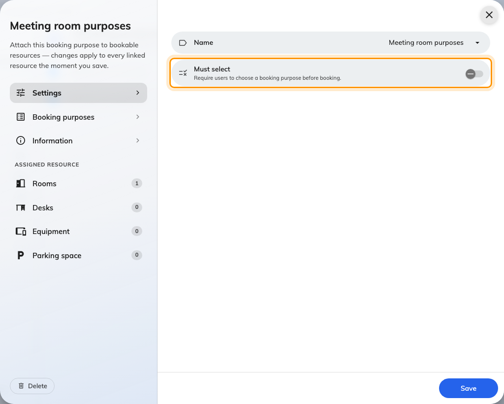 Must select is set once, on the setting, for every resource that carries it.
