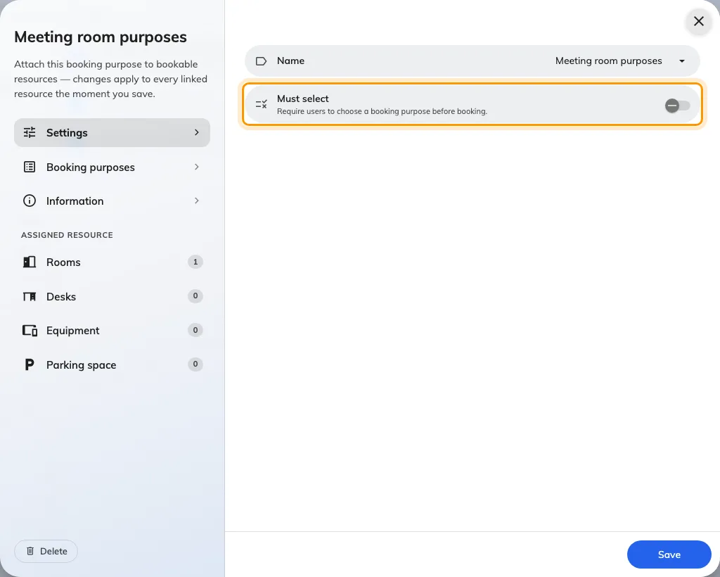Must select is set once, on the setting, for every resource that carries it.