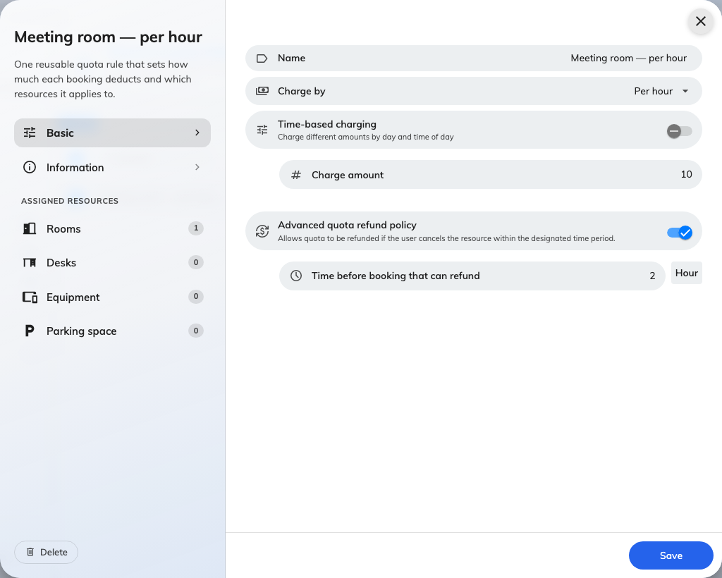 A resource quota policy: the unit, the rate, and the refund window.