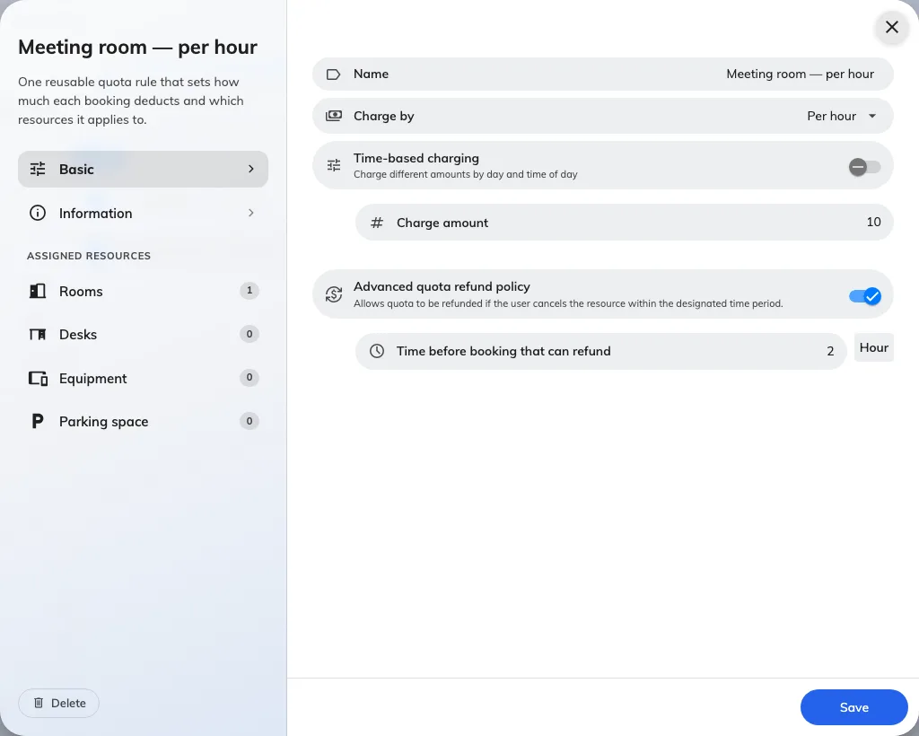 A resource quota policy: the unit, the rate, and the refund window.