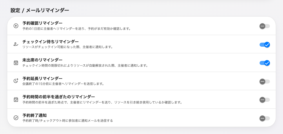 6 つのリマインダーが、画面に並ぶ順に。チェックイン関連の 2 つは、誰かが切っていないかぎりオンです。
