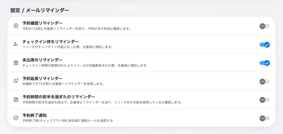 6 つのリマインダーが、画面に並ぶ順に。チェックイン関連の 2 つは、誰かが切っていないかぎりオンです。