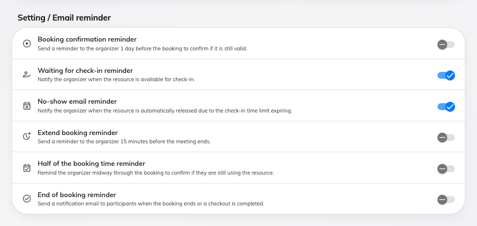 All six reminders, in the order the page shows them. The two check-in ones are on unless somebody turned them off.