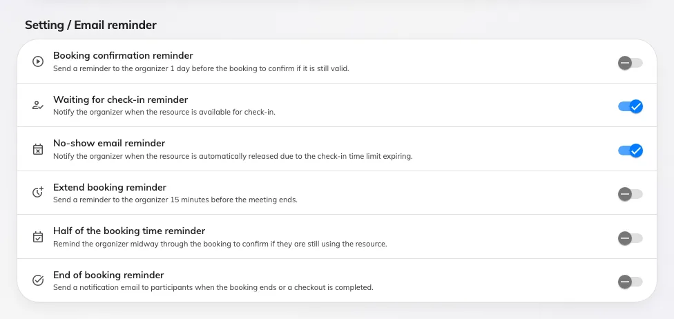 All six reminders, in the order the page shows them. The two check-in ones are on unless somebody turned them off.