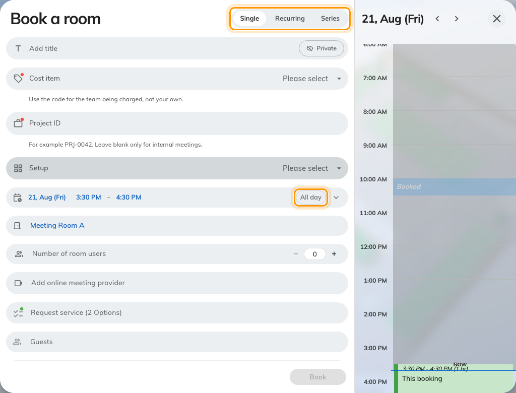 The booking form: the Single, Recurring and Series choice at the top, and All day on the date row.