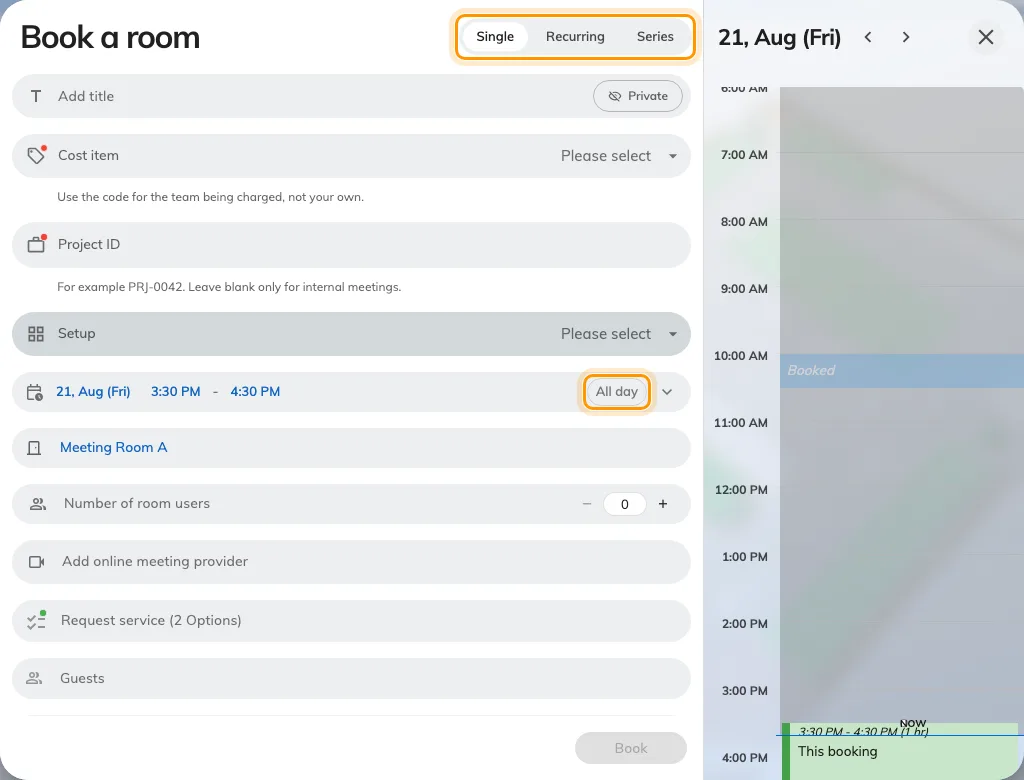 The booking form: the Single, Recurring and Series choice at the top, and All day on the date row.