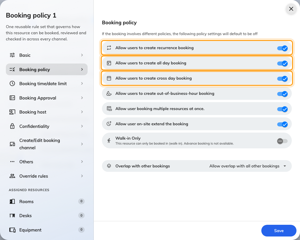 The Booking policy page, with the three shape switches together at the top.