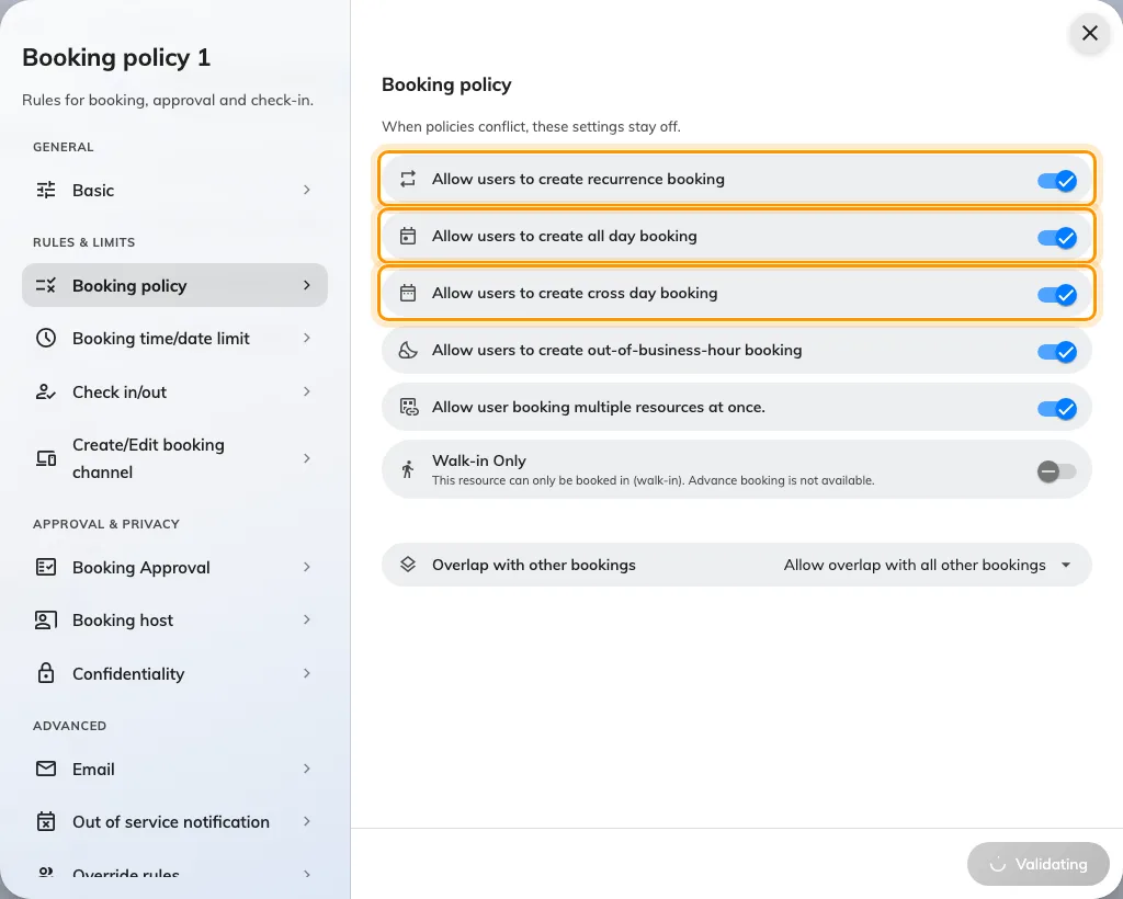 The Booking policy page, with the three shape switches together at the top.