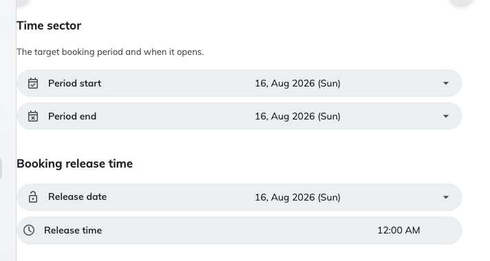One time sector: the period it covers, and when that period opens.