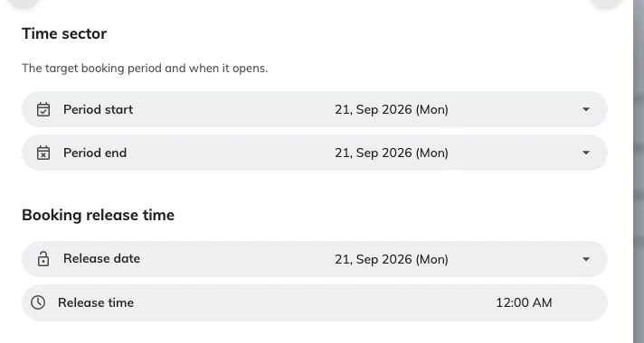 One time sector: the period it covers, and when that period opens.