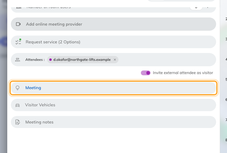 Visiting purpose, added to the booking by the switch, already on the company default. Visitor Vehicles arrived with it.