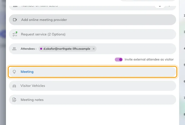 Visiting purpose, added to the booking by the switch, already on the company default. Visitor Vehicles arrived with it.