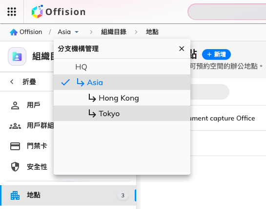 頂端列的分支清單——這位管理者能到達的分支，上層分支標為唯讀。