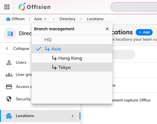 The branch list in the top bar — the branches this administrator can reach, with ancestors marked read-only.
