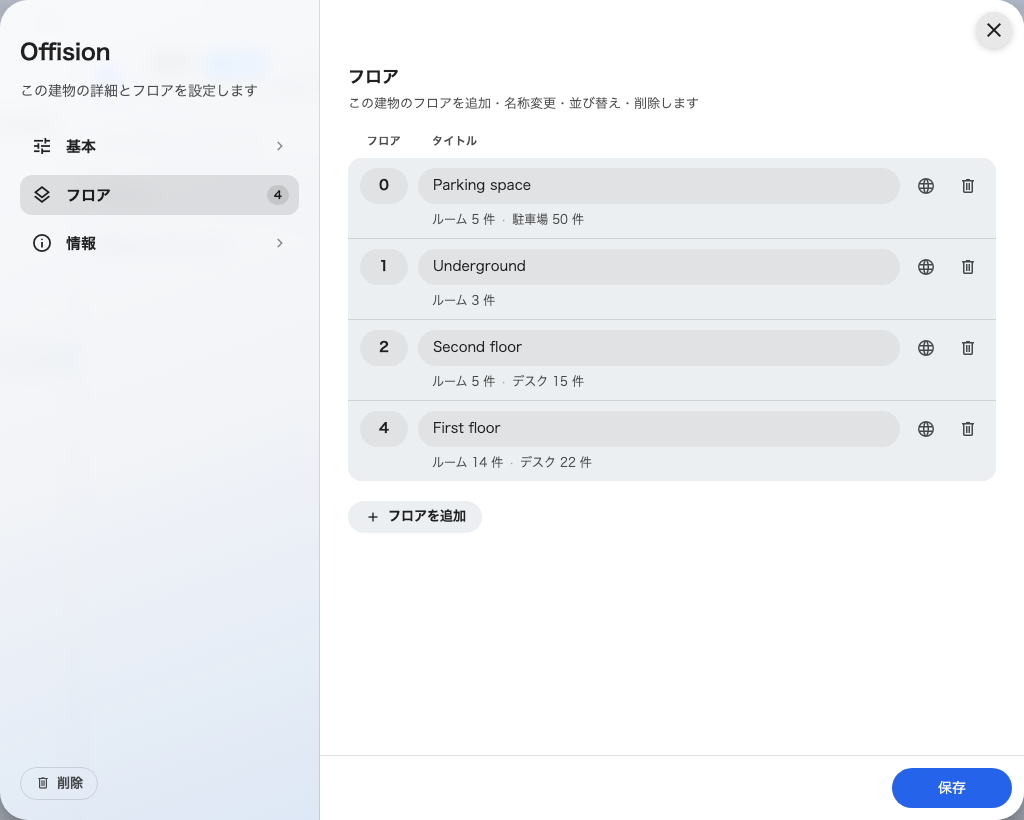 1行につき1フロア。左が並び順、右が名称。