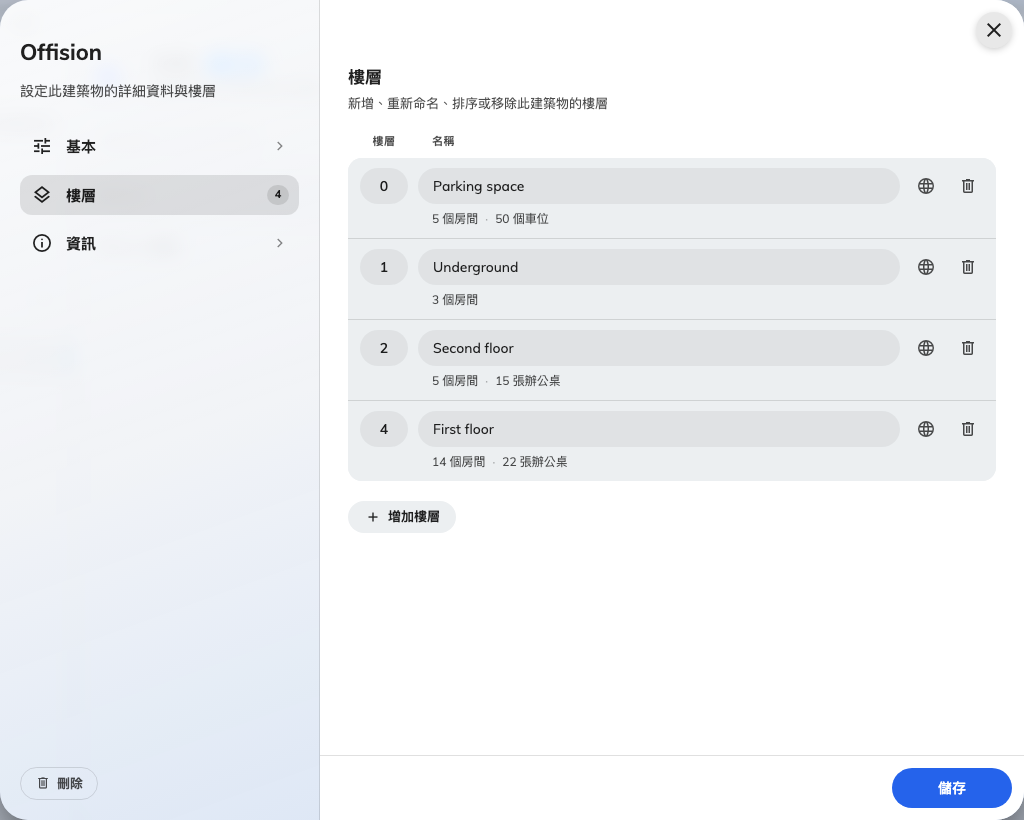 一列一個樓層：左邊排序，右邊名稱。
