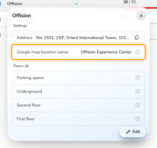 The building card. Google map location name is the map's value, not the typed address.