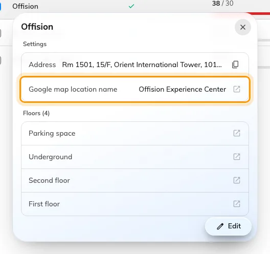 The building card. Google map location name is the map's value, not the typed address.