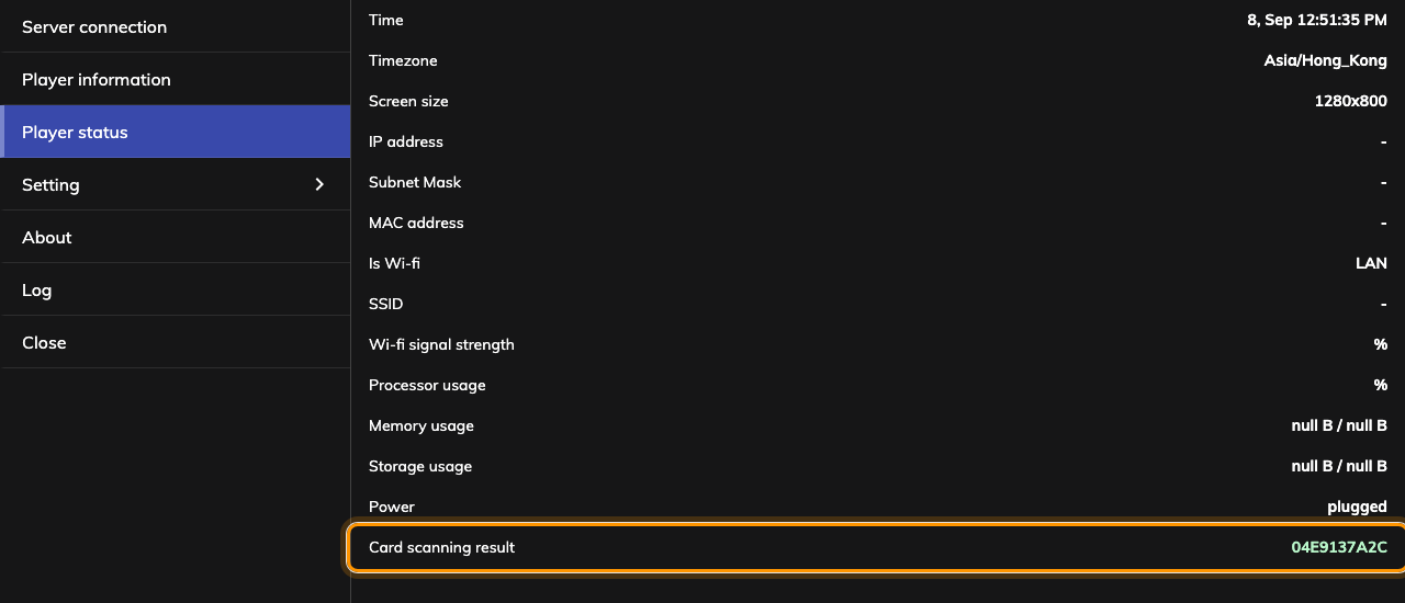 Card scanning result, last in the list, holding the number of the card just tapped.