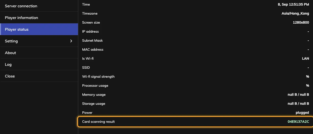 Card test, holding the number of the card just tapped, with every read listed under Recent.