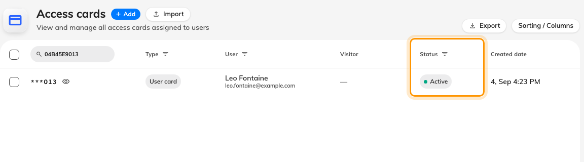 Leo Fontaine's account is deactivated; the card he holds still reads Active.
