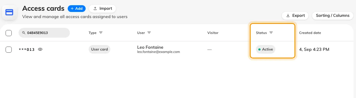 Leo Fontaine's account is deactivated; the card he holds still reads Active.