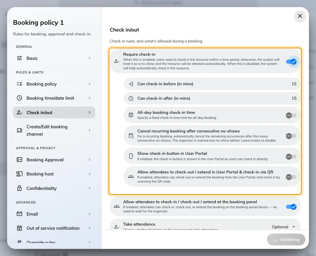 Require check-in, and the two numbers that open and close the window.