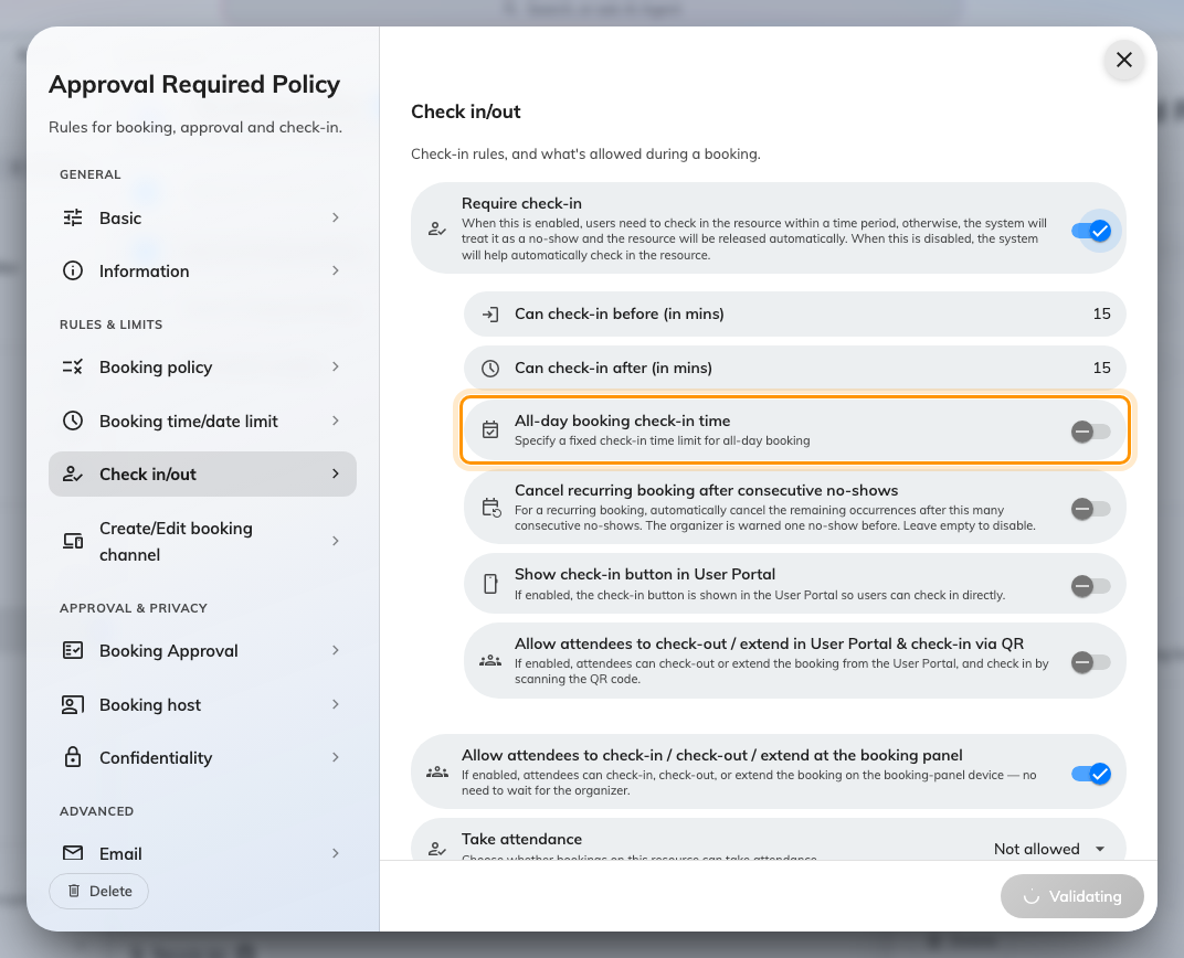 All-day booking check-in time replaces the minute window on an all-day booking.