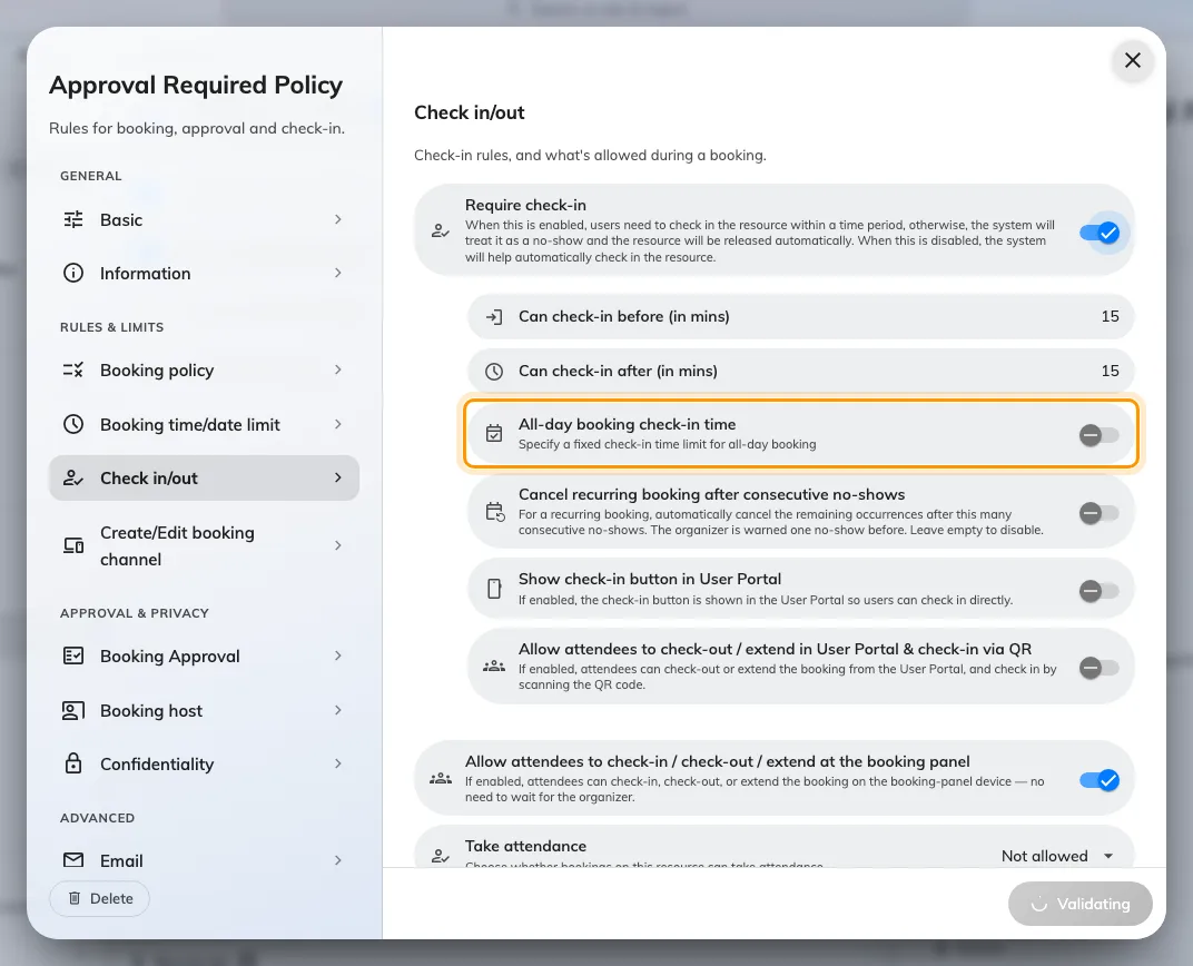 All-day booking check-in time replaces the minute window on an all-day booking.