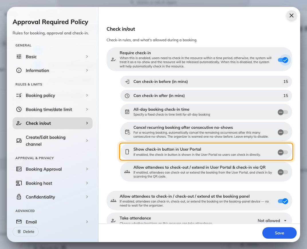 Show check-in button in User Portal, with the warning it raises about checking in from anywhere.