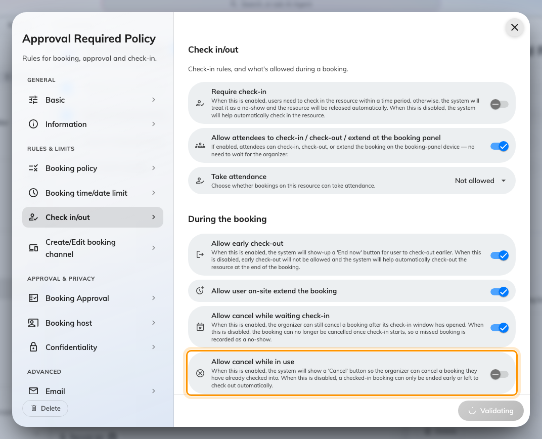 Allow cancel while in use, for a booking somebody already checked into.