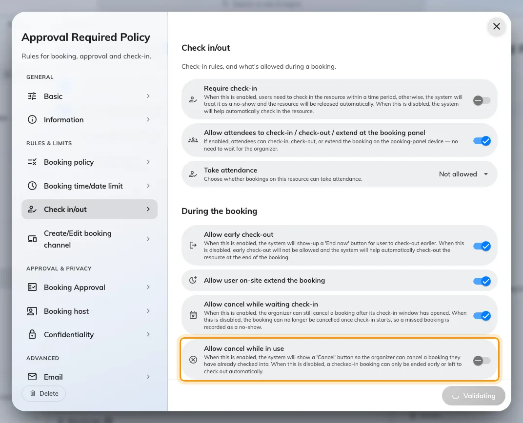 Allow cancel while in use, for a booking somebody already checked into.