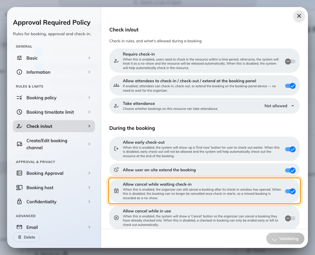 Allow cancel while waiting check-in: whether a booking is still cancellable once its window has opened.
