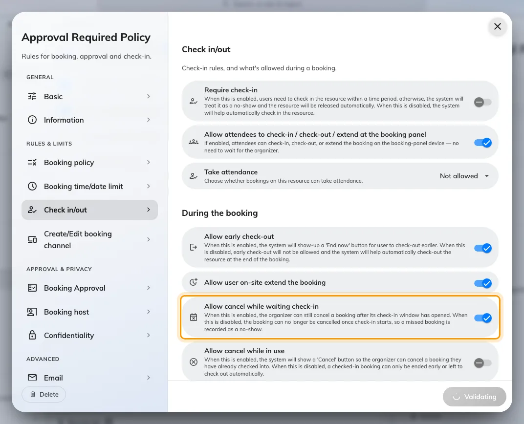 Allow cancel while waiting check-in: whether a booking is still cancellable once its window has opened.