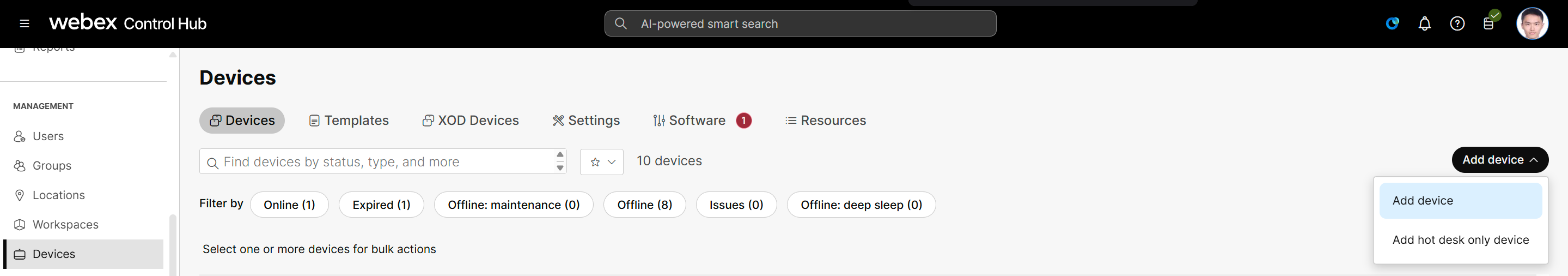 Control Hub の Devices と Add device。