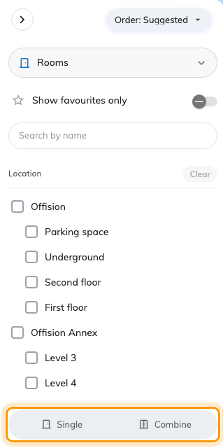 Combine / Single — shown only on tenants that actually have a combined room.