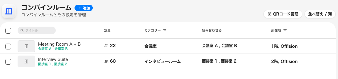 1行が1つのコンバインルーム。構成するルームは結合列に並ぶ。