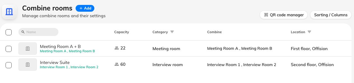 One row per combined room, with the rooms it is made of named in the Combine column.