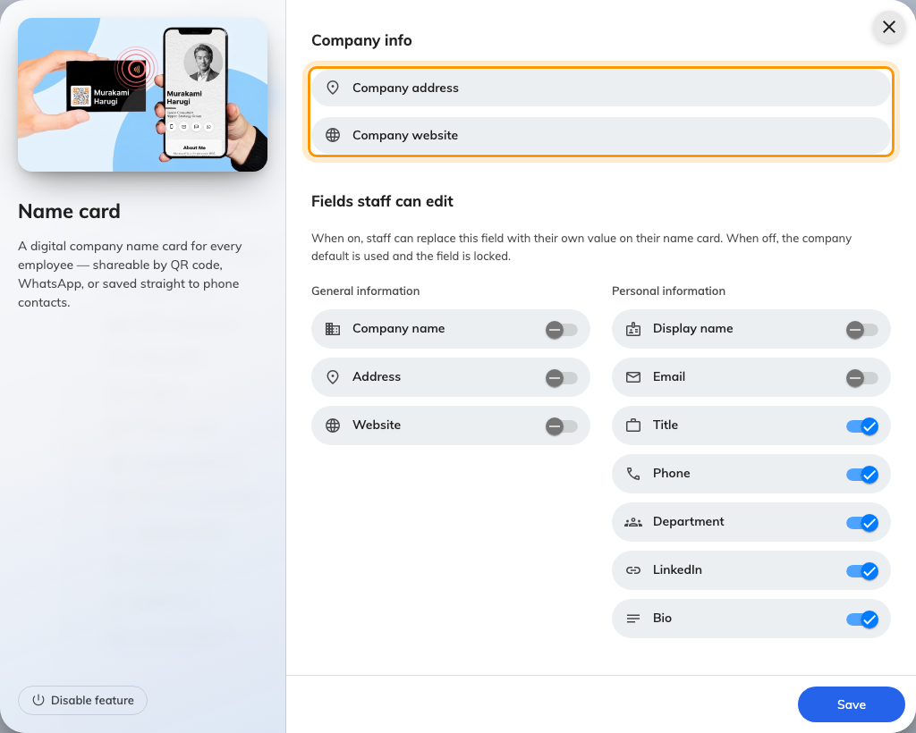 Company info holds the company address and website.