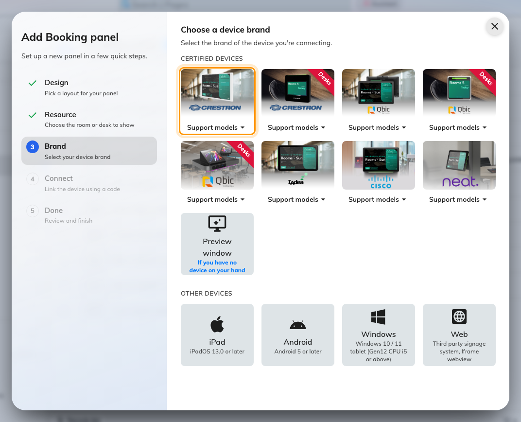 Crestron room panels, first in the certified devices grid.