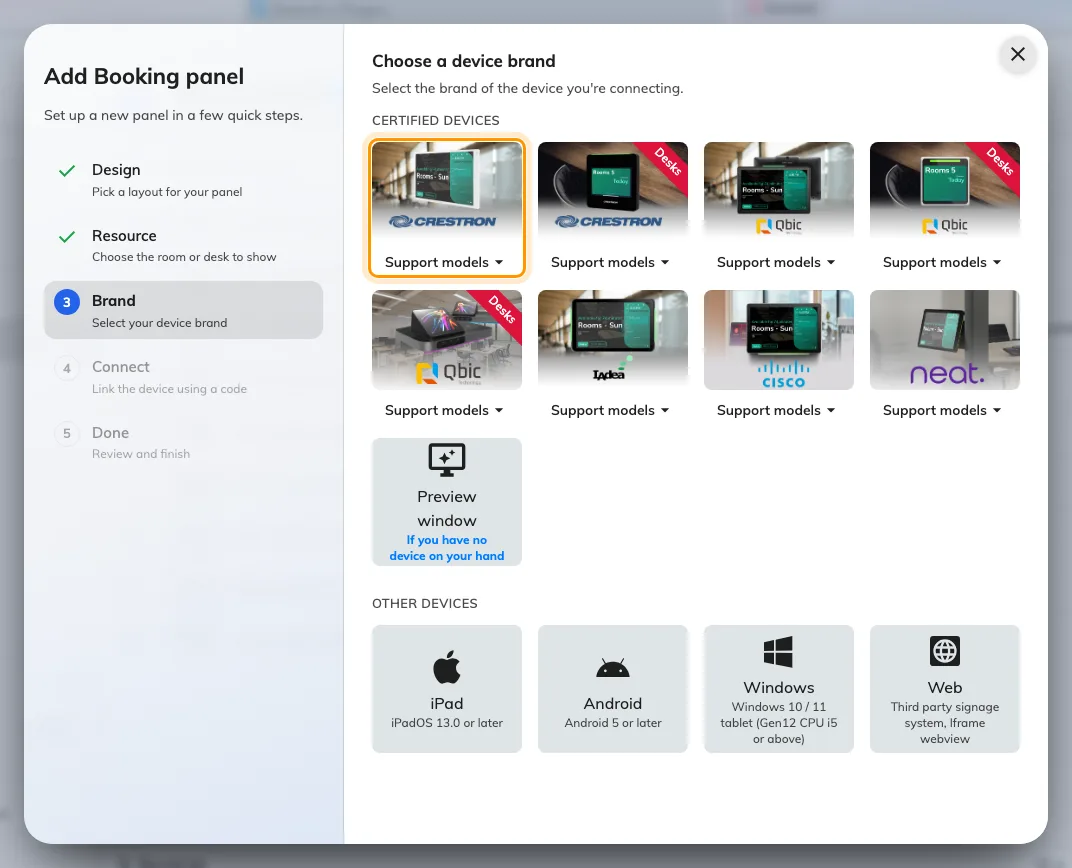 Crestron room panels, first in the certified devices grid.