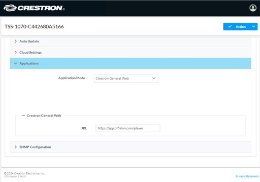 Applications, with Crestron General Web chosen and the URL filled in. Save Changes is under Action.